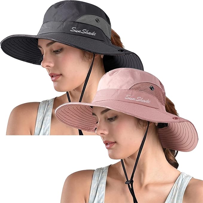 ZOORON Women's Ponytail Safari Sun Hat, Wide Brim UV Protection Outdoor Bucket by ZOORON