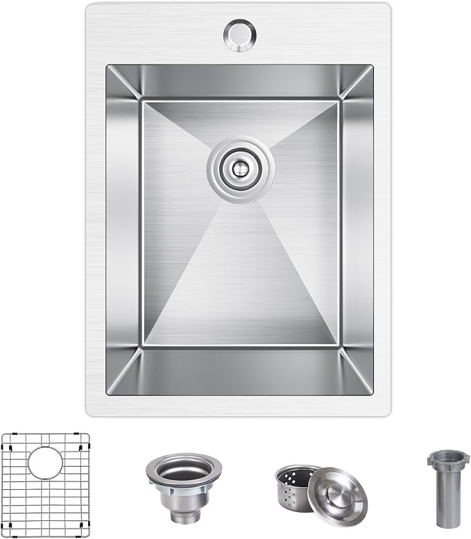 15x20 inch Drop in Bar Sink, 15 inch Small Kitchen Sink 18 Gauge Single Bowl - Image 8