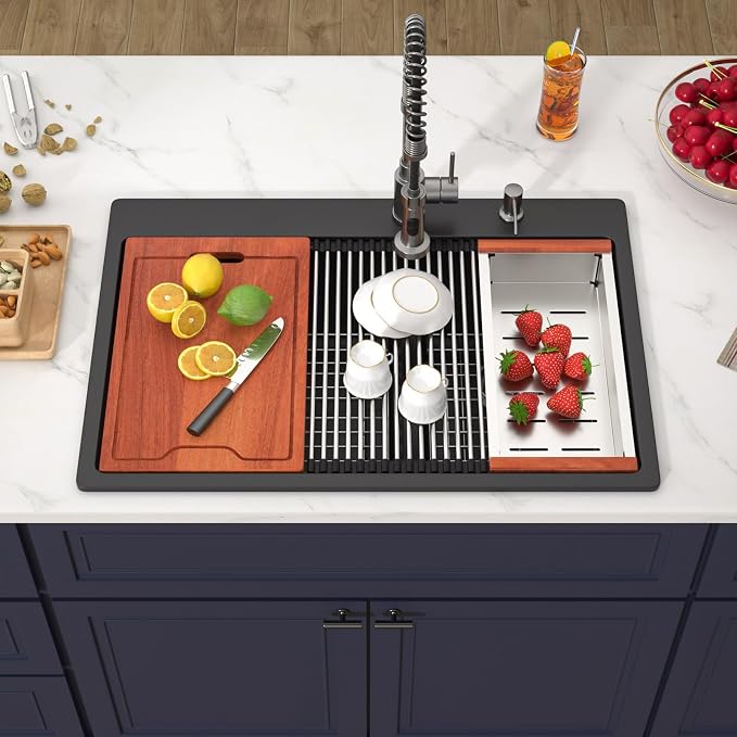 33 Inch Drop in Granite Composite Black Kitchen Sink-Donsdey Double Bowl - Image 2