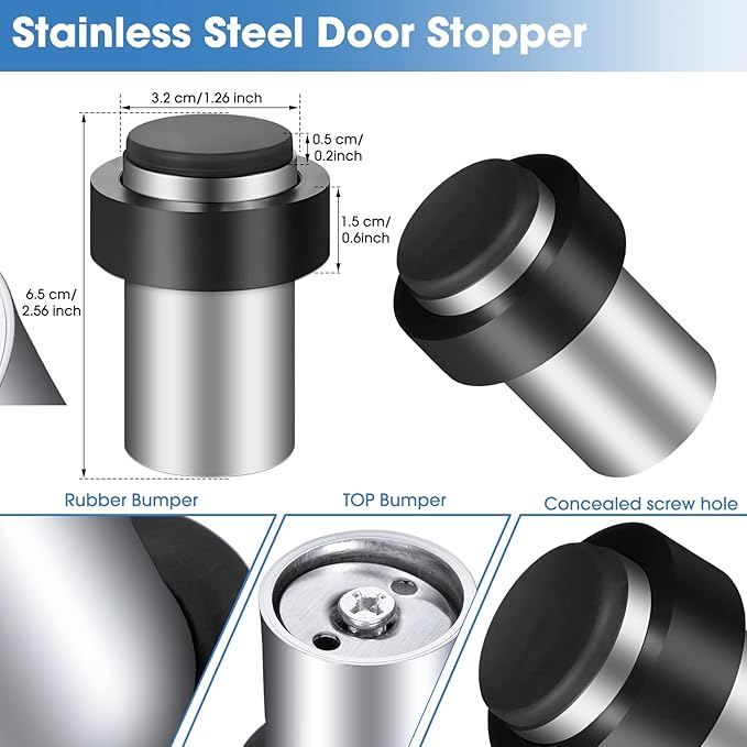 Chumia 20 Pcs Door Stopper Mounted Floor Stops Stainless Steel Cylindrical - Image 2