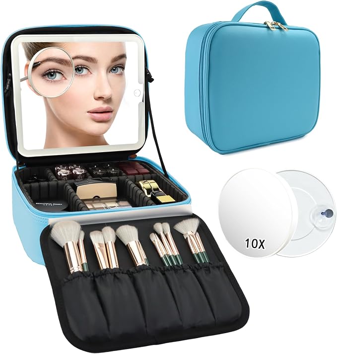 Travel Makeup Bag with LED Mirror and 10x magnifying glass with 3 Lighted - Image 9