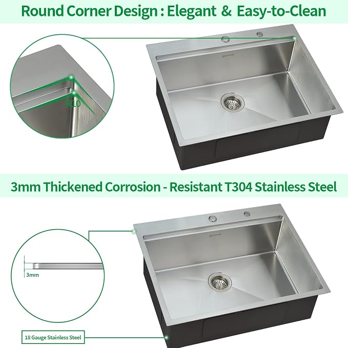 25 x 22 Inch Kitchen Sink, Drop In Stainless Steel Single Bowl Workstation Sink - Image 5