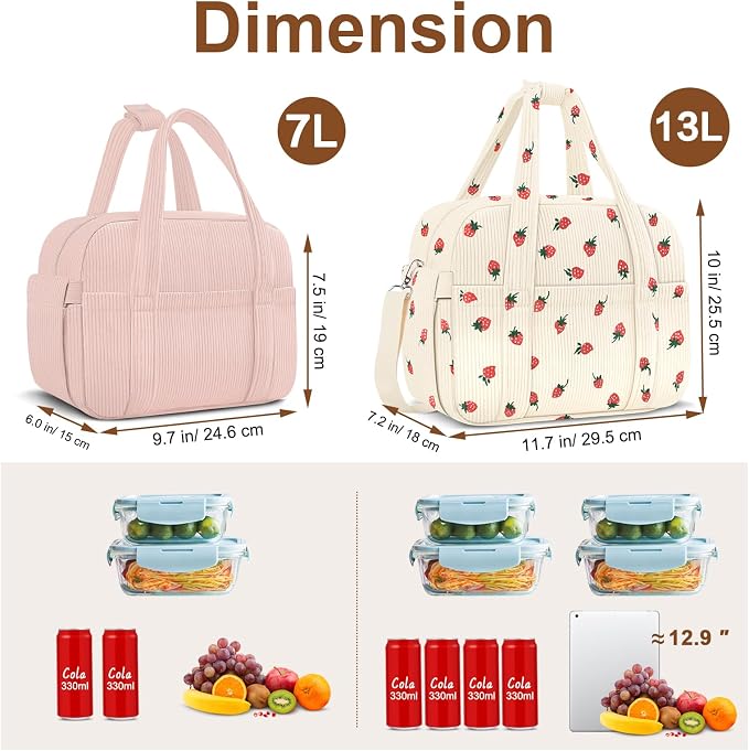 Corduroy Lunch Box Lunch Bag for Women Men, Cute Strawberry Small Insulated - Image 6