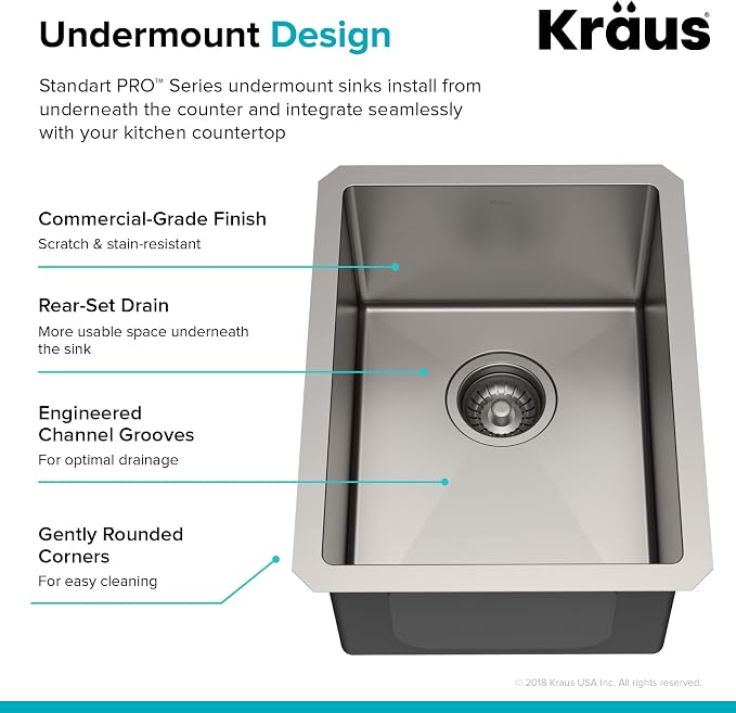 KRAUS Standart Pro 14 -inch Undermount Single Bowl 16 Gauge Stainless Steel Bar - Image 16