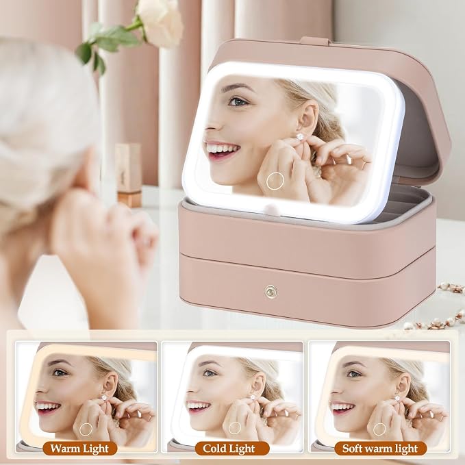 Travel Jewelry Case with LED Lighted Mirror, Personalized Birthday Gifts - Image 3