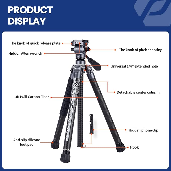 Fotopro Carbon Fiber Travel Tripod 2.2lbs Ultralight 64 Inch Portable Compact - Image 7
