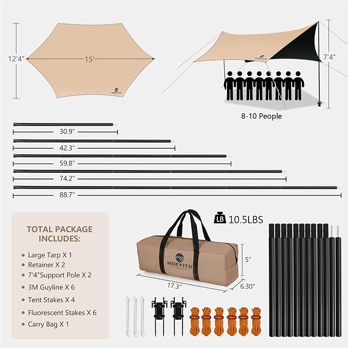 Camping Tarp with Poles & Retainer, 15x12.5FT Large Waterproof 210D Oxford - Image 8