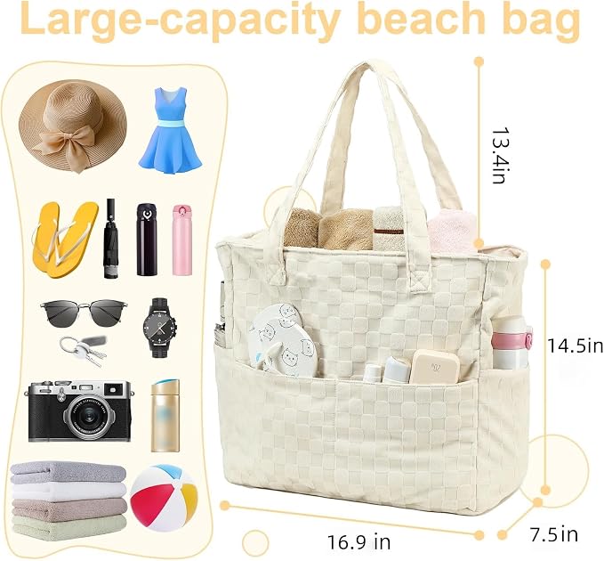 LEDAOU Large Beach Tote Bag Women Waterproof Sandproof Zipper Beach Tote Bag - Image 6