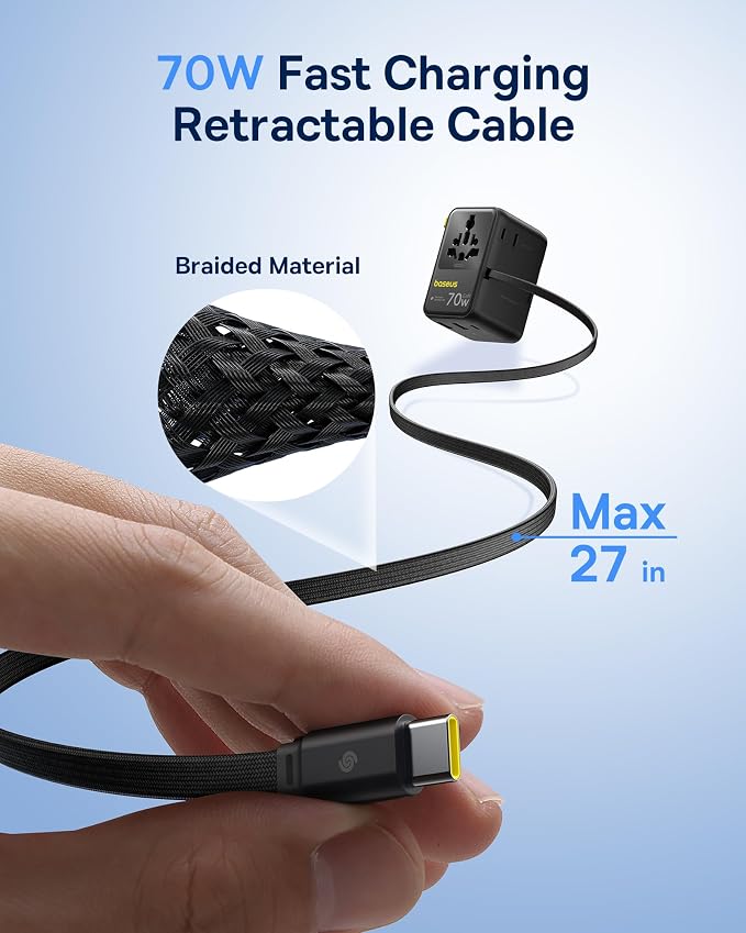 Baseus 70W Universal Travel Adapter and Baseus 100W Retractable USB C Cable - Image 4