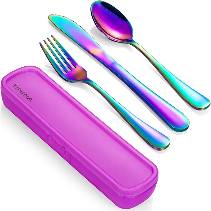 Travel Utensils with Case, 4-Piece Stainless Steel Portable Cutlery Set by TININA