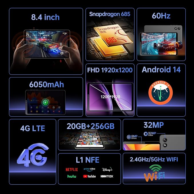 Android Tablet, 8.4 inch Android 14 Snapdragon 685 Processor, 12GB RAM 128GB - Image 5