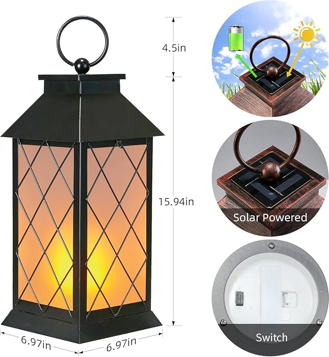 18" Solar Lanterns Outdoor Waterproof, Glass Solar Flickering Flame Lantern - Image 4