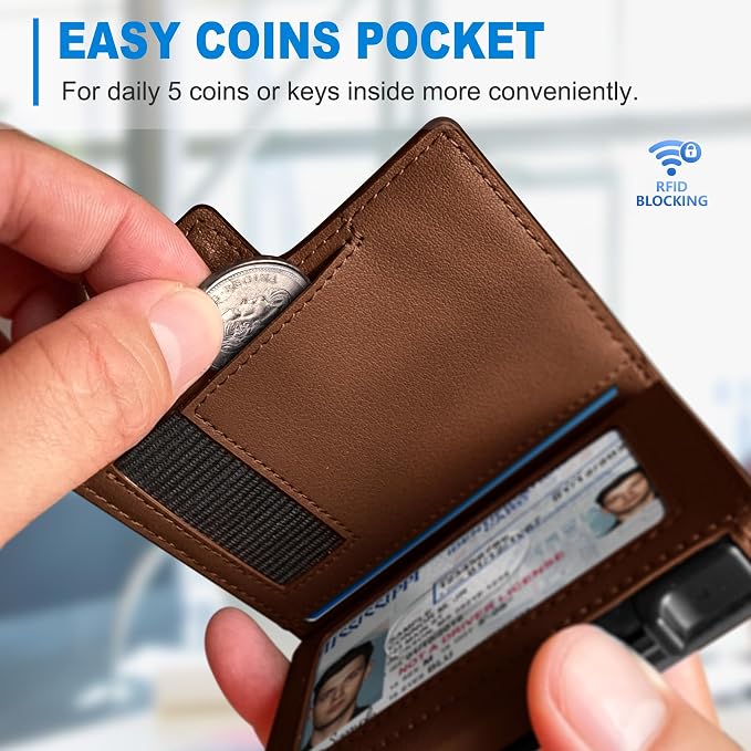 Men Wallet, with Money Clip Coins Pocket ID Window, Slim Front Pocket RFID - Image 4
