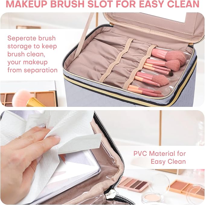 Large Makeup Bag with Mirror Double Layer Travel Make Up Organizer Case - Image 7