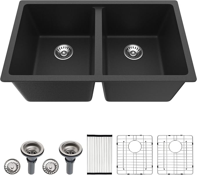 Dcolora 33 inch Quartz Matte Black Granite Composite Double Bowl Undermount by Dcolora