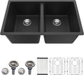 Dcolora 33 inch Quartz Matte Black Granite Composite Double Bowl Undermount by Dcolora