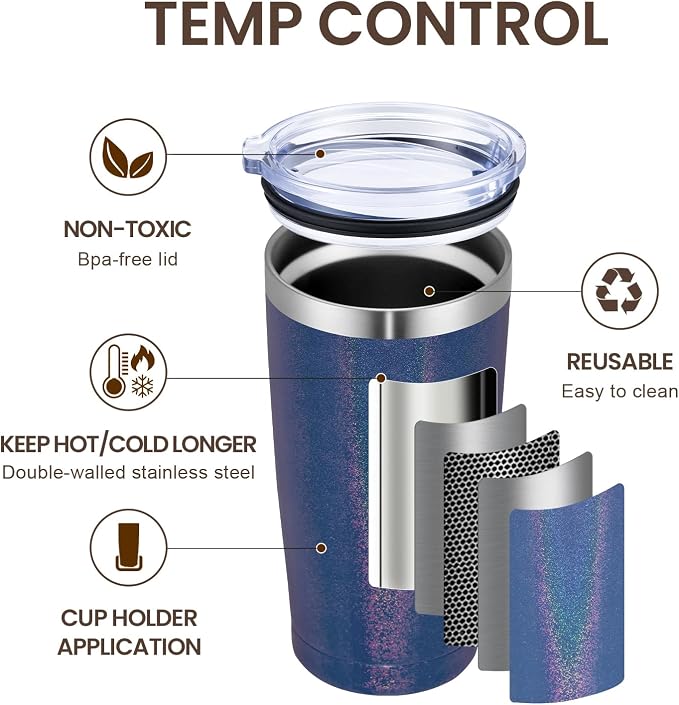 MEWAY 20oz Tumbler Double Wall Vacuum Insulated Travel Glitter Mug, Stainless - Image 2