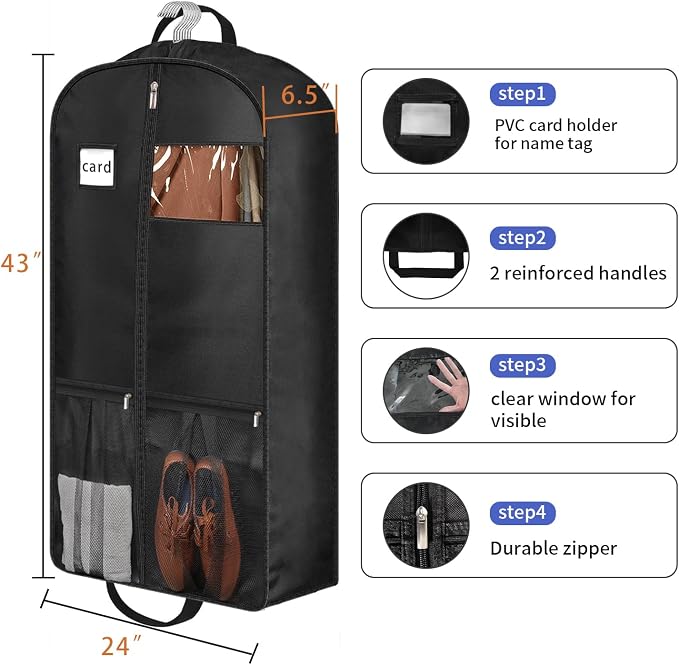 43" Heavy Duty Garment Bags for Travel 6.5" Gusseted Suit Bags for Closet - Image 3