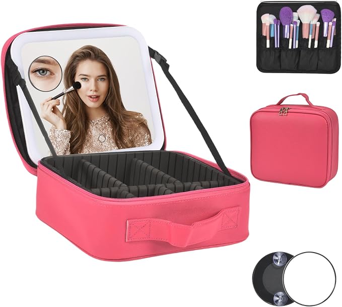 Travel Makeup Bag With LED Mirror, Cosmetic Train Case with 3 Color Setting by Unknown