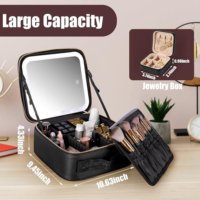 Makeup Travel Train Case with Mirror LED Light 3 Adjustable Brightness Large - Image 3