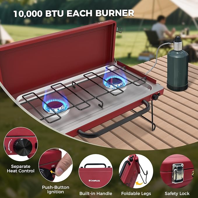 CAMPLUX Safari 2 Burner Propane Camping Stove 20, 000 BTU, Portable 2 Burner - Image 6