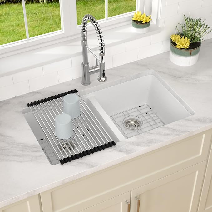 Dcolora 33 Inch Double Bowl Undermount Kitchen Sink White Deep Double Basin - Image 3