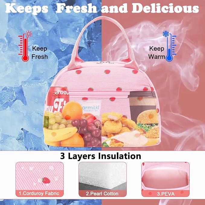 FlowFly Insulated Lunch Bag for Women – Corduroy Lunch Tote Box, Cute Cooler - Image 2