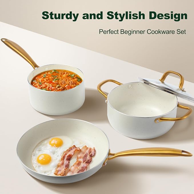 Pots and Pans Set Non Stick, 7 Piece White Granite Induction Cookware Set - Image 4