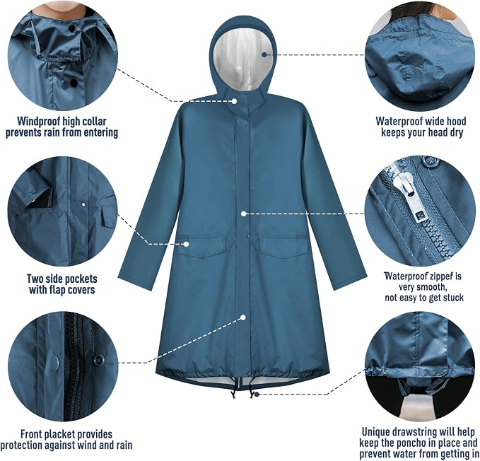 ANYOO Waterproof Rain Poncho Lightweight Reusable Hiking Hooded Coat Jacket - Image 4