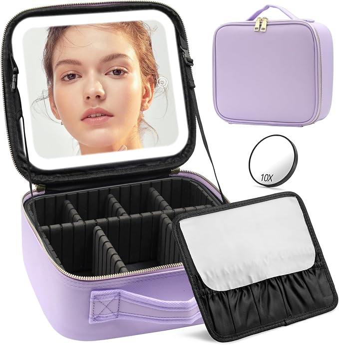 Travel Makeup Bag with Lighted Mirror, Makeup Organizer Bag with 3 Color Modes by Jadazror