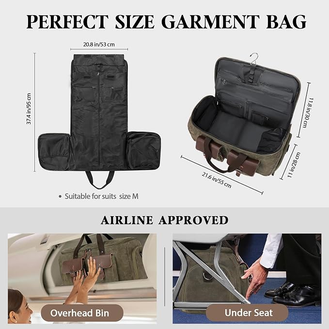 Waxed Canvas Garment Bags for Travel, Convertible Carry On Garment Duffel Bag - Image 8
