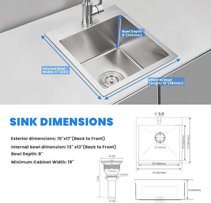 POPFLY 15 Inch Wet Bar Drop In Sink, SUS 304 Stainless Steel Topmount Sinks - Image 7
