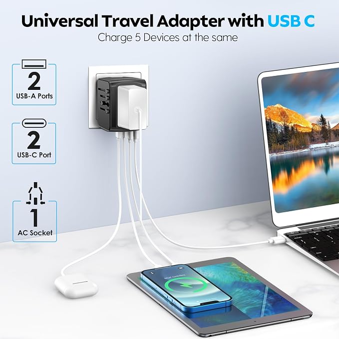 JMFONE Universal Travel Plug Adapter 5 in 1 Charger, European Travel Plug - Image 2