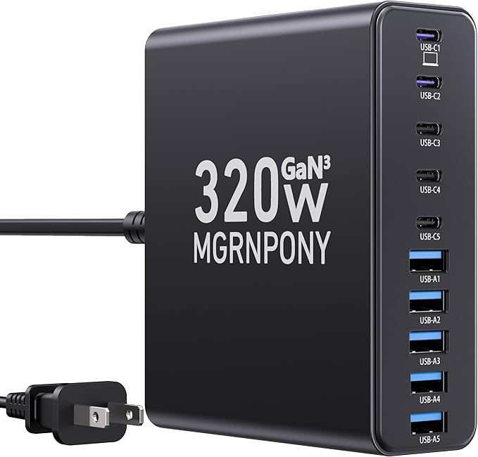 320W USB C Charger Block, 10-Port USB C Charging Station GaN III PD 65W PC by MGRNPONY