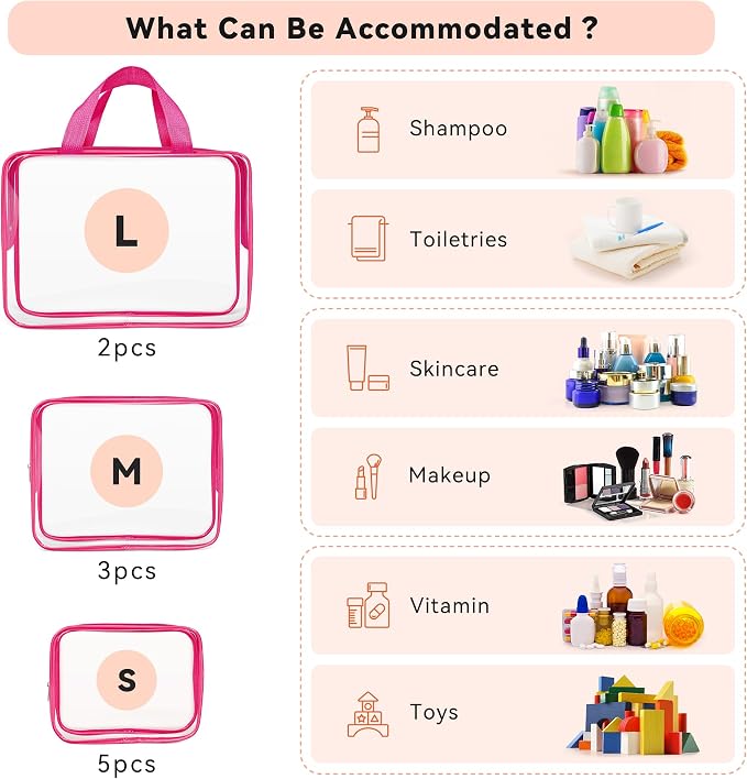 TISRATOK 10 PCS Clear Travel Makeup Toiletry Bag, Plastic PVC Cosmetic TSA - Image 3