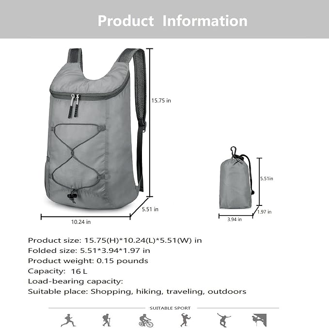 16L Hiking Daypack Lightweight Foldable Travel Backpack Water Repellent Camping - Image 7