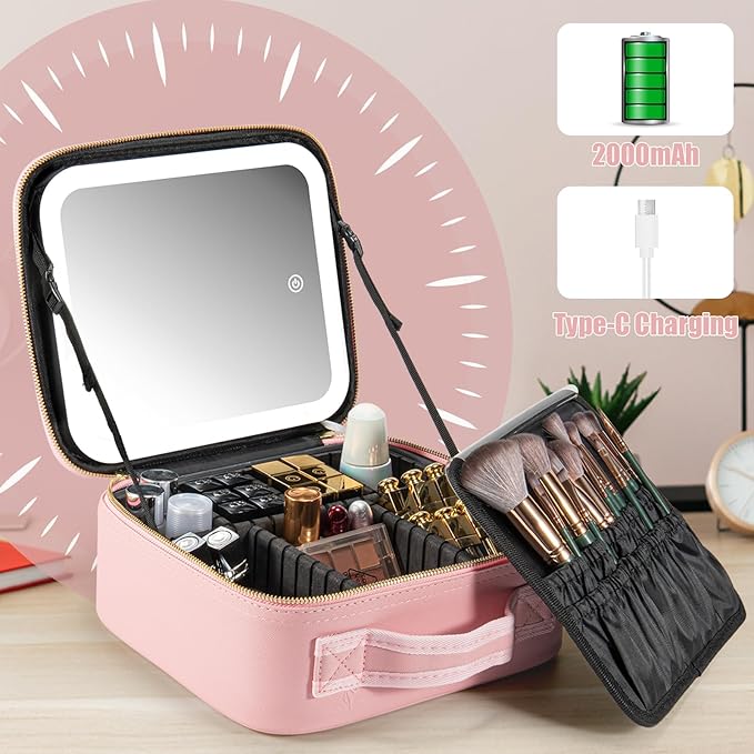 Makeup Travel Train Case with Mirror LED Light 3 Adjustable Brightness Large - Image 2