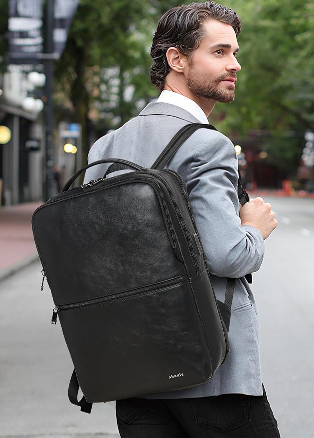 Vegan Leather Laptop Backpack for Women&Men, 16 Inch Expandable Backpack - Image 2