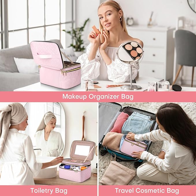 Large Makeup Bag with Mirror Double Layer Travel Make Up Organizer Case - Image 4