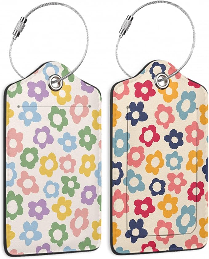 2 Pack Luggage Tag for Suitcase, Vintage Groovy Flower Leather Bag Tags by TXIANT