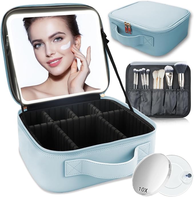 Makeup Bag with Led Mirror, Travel Makeup Organizer with 3 Color Setting & 10X by SUILU