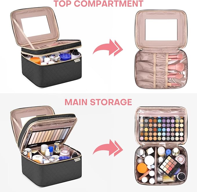 Large Makeup Bag with Mirror Double Layer Travel Make Up Organizer Case - Image 2