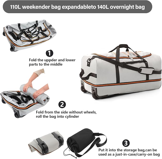 Vomgomfom 32" Soft-Sided Foldable Wheeled Travel Duffel Bag, Expandable 110L to - Image 3