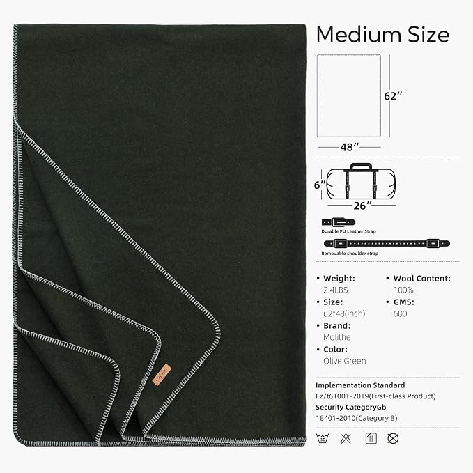 100% Wool Blanket, Military Wool Blanket, Sporting Events, Survival Kits，Olive - Image 4