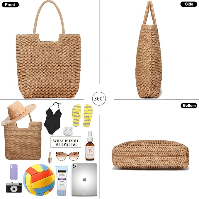 Straw Beach Bags for Women Woven Beach Tote Bag Casual Boho Large Shoulder - Image 3