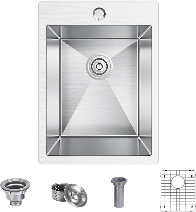 15x20 inch Drop in Bar Sink, 15 inch Small Kitchen Sink 18 Gauge Single Bowl by Winnpex