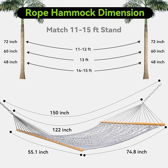 Double Hammock for 2 Person, Handwoven Cotton Rope Hammock - Image 6