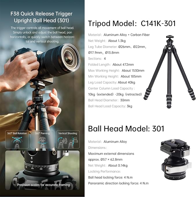 FALCAM TreeRoot F38 Quick Lock Lite Carbon Fiber Travel Tripod - Image 5