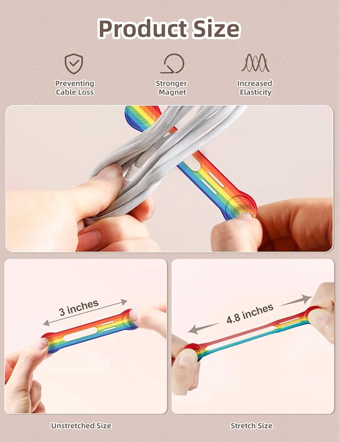 Kanemc 8 Pack Magnet Clips Cord Organizer, Rainbow Colored Reusable Cable Ties - Image 4