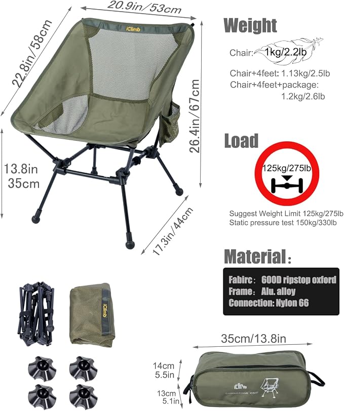iClimb Ultralight Compact Camping Folding Beach Chair - Image 3